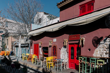 Colorful chairs on a terrace in Athens, Greece