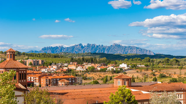 BARCELONA, CATALONIA, SPAIN - SEPTEMBER 11, 2017: View of the building in the valley of the mountains of Montserrat. Copy space for text.