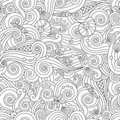 Serene hand drawn outline seamless pattern with sea waves, seashells isolated on white background. - 207404689