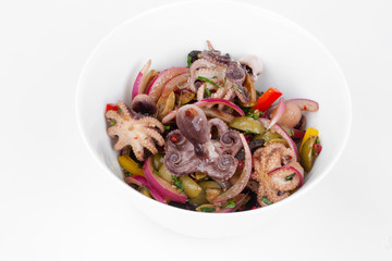 Salad with octopus on a white plate