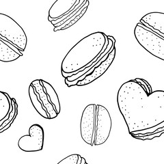 Macaroons doodle seamless pattern. Hand drawn illustration, monocrome black and white.