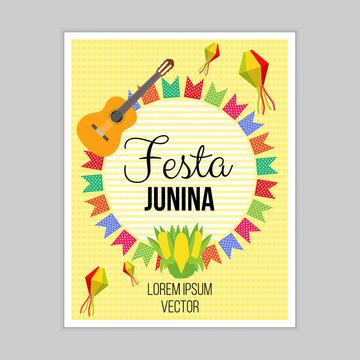 Festa Junina poster,greeting card,banner, vector design.Party invitation with colorful garlands.
