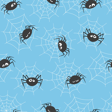 Seamless vector pattern with cute spiders and spider webs. Halloween theme.