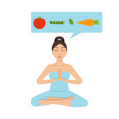 Vector illustration isolated on a background. Healthy eating concept. Woman yoga pose.