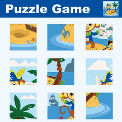 Naklejka premium Puzzle for children featuring a pirate monkey. Match pieces and complete the picture. Activity for preschool children. Vector illustration.