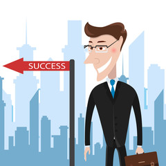 Business success concept. Successful businessman in the city. The pointer indicates success. Vector Illustration