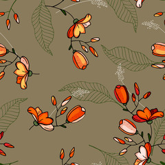 Vintage background. Wallpaper.  Hand drawn. Vector illustration. Botanical motifs. Isolated seamless flower pattern.