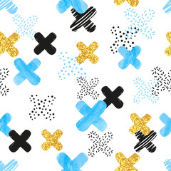 Seamless pattern with blue, black and golden cross. Vector abstract background.