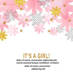 Baby Shower girl card design with abstract watercolor pink and glittering golden flowers.