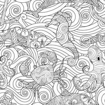 Serene hand drawn outline seamless pattern with waves, sea animals - dolphin, seahorse, crab, octopus isolated on white background. Coloring book for adult and older children.