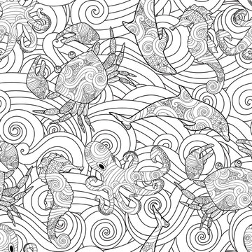 Serene hand drawn outline seamless pattern with waves, sea animals - dolphin, seahorse, crab, octopus isolated on white background. Coloring book for adult and older children.