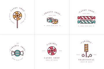 Vector set design colorful templates logo and emblems - lollipops with sprinkles caramel candies. Different sweets icon. Logos in trendy linear style isolated on white background.