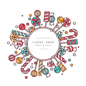 Candy shop round frame background with linear lollipops with sprinkles, spiral and caramel colorful sweets vector illustration.