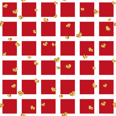 Gold heart seamless pattern. Red-white geometric square, golden confetti-hearts. Symbol of love, Valentine day holiday. Design wallpaper, background, fabric texture. Vector illustration