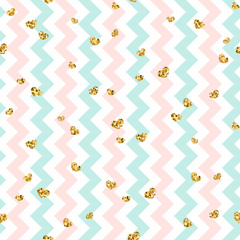 Gold heart seamless pattern. Pink-blue-white geometric zig zag, golden confetti-hearts. Symbol of love, Valentine day holiday. Zigzag design wallpaper, background, texture. Vector illustration