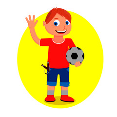 A boy in shorts and a T-shirt is holding a ball in his hand and greeting someone.