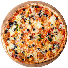 Large margherita pizza with black olives on wood board isolated on white from above.