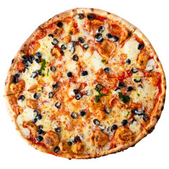Large margherita pizza with black olives isolated on white from above.