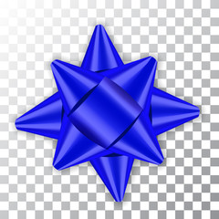 Blue bow ribbon 3d decor element package Shiny color satin decoration gift present isolated white transparent background. Christmas New Year celebration, birthday holiday design. Vector illustration