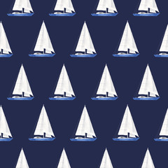 The yacht's pattern is watercolor. Seamless texture on a dark blue background.