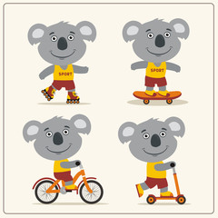 Set of isolated funny koala bear on bike, skateboard, scooter and roller skates. © coolpay