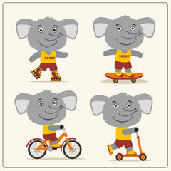 Obraz na płótnie Canvas Set of isolated funny elephant on bike, skateboard, scooter and roller skates.