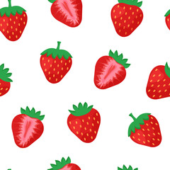 Seamless pattern with strawberry whole and half isolated on white background. Vector illustration