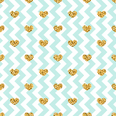 Gold heart seamless pattern. Blue-white geometric zig zag, golden confetti-hearts. Symbol of love, Valentine day holiday. Design wallpaper, background, fabric texture. Vector illustration