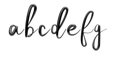 Lettes a, b, c, d, e, f, g, black handwritten script font. 3D Ren