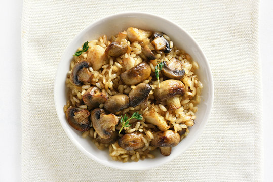 Risotto with mushrooms, top view