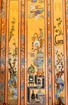 Hue, Vietnam. Mosaic tiles decoration in Thien Dinh Palace where Khai Dinh Emperor is buried at Royal Khai Dinh Tomb complex.