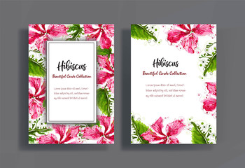 Cards design  with hibiscus flowers - obrazy, fototapety, plakaty