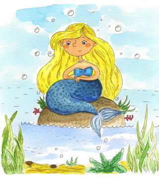 Watercolor mermaid. Cute cartoon painted illustration.