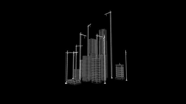 Flying Over Growing City. Beautiful 3d Blueprint of Contemporary Buildings with Cranes. White on Black 3d animation. Construction Business and Technology Concept. 4k Ultra HD 3840x2160.