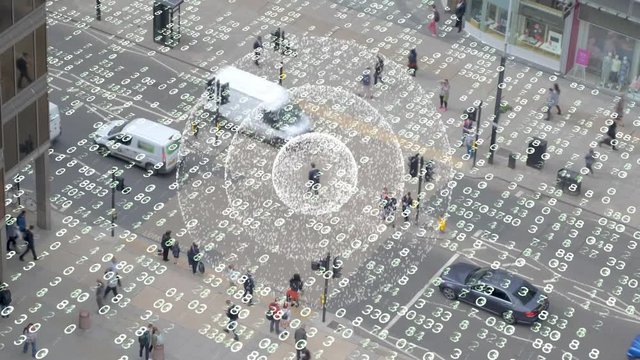 Visualization of a radio signal coming from a mobile phone in a data filled scene.