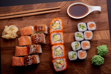 Sushi set on a wooden background for japanese restaurant