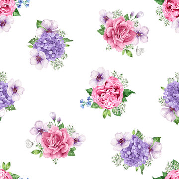 Apple tree, roses, hydrangea flowers petals and leaves in watercolor style on white background. Seamless pattern for textile, wrapping paper, package