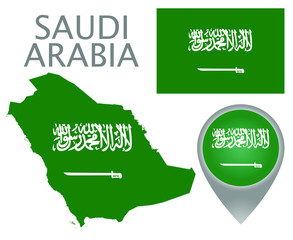 Colorful flag, map pointer and map of Saudi Arabia in the colors of the Saudi Arabia flag. Flag with text: "There is no deity worthy of worship, except one God, and Muhammad - his messenger". Vector