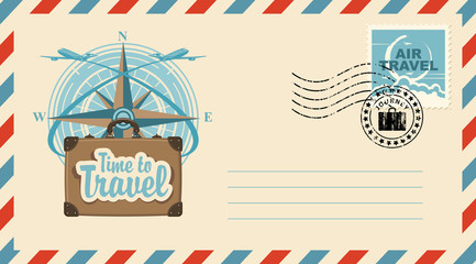 Postal envelope with stamp and rubber stamp. Illustration on the theme of travel with a suitcase, passenger planes against the backdrop of the compass Wind rose and the inscription Time to travel
