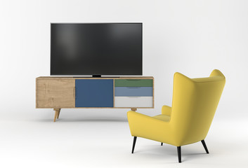 3D render of studio with Smart TV, cabinet, armchair.