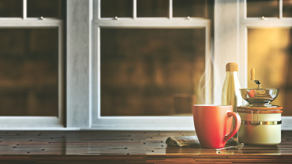 A cup of coffee and newspaper on old wooden desk in morning sunlight. Simple workspace or coffee break in morning, selective focus, filter effect, 3D rendering. White space.