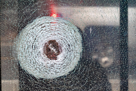 broken bulletproof glass close up
