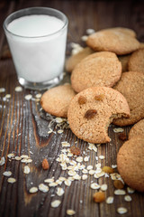 Homemade oatmeal cookies with raisins, cinnamon with milk on dark wooden background.