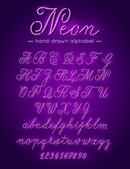 Purple neon handwritten font. Alphabet letters and numbers. Vector type for shop signs and advertising design