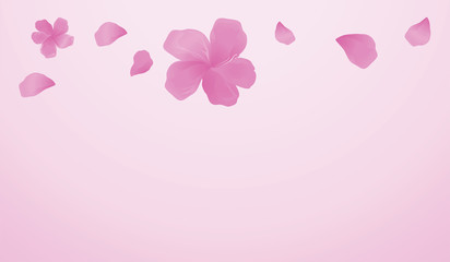 Flowers and flyng Petals. Pink Purple Sakura frame isolated on Pink gradient background. Vector