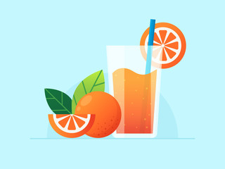 Orange fruit with fresh orange fruit. Flat design style. 
