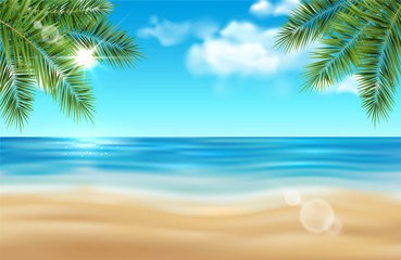 Vector summer beach landscape with palm trees, sea, shining sun and clouds