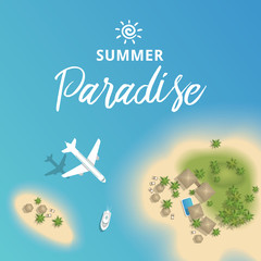 Vector beautiful summer tropical island for vacation from above with plane and boat