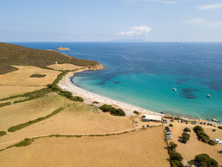 Fototapeta na wymiar Vista aerea della spiaggia di Tamarone, Plage de Tamarone, penisola di Cap Corse, Macinaggio, Corsica, Francia