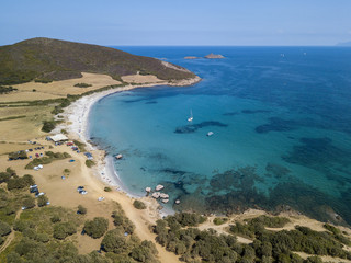 Vista aerea della spiaggia di Tamarone, Plage de Tamarone, penisola di Cap Corse, Macinaggio, Corsica, Francia